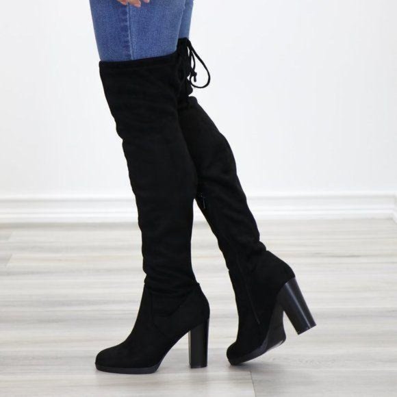 Tie Back Over Knee Heeled Sleek Boots Suede Black - Picture 10 of 15